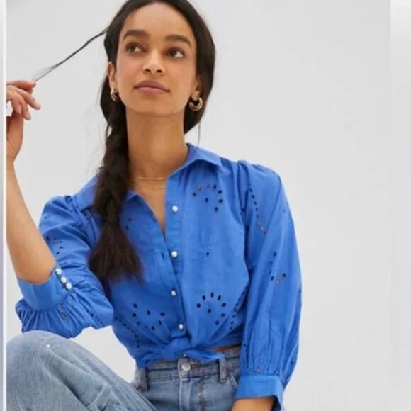 NWT Anthropologie Forever That Girl Puff Sleeve Blue Eyelet Blouse Size S - Picture 1 of 8